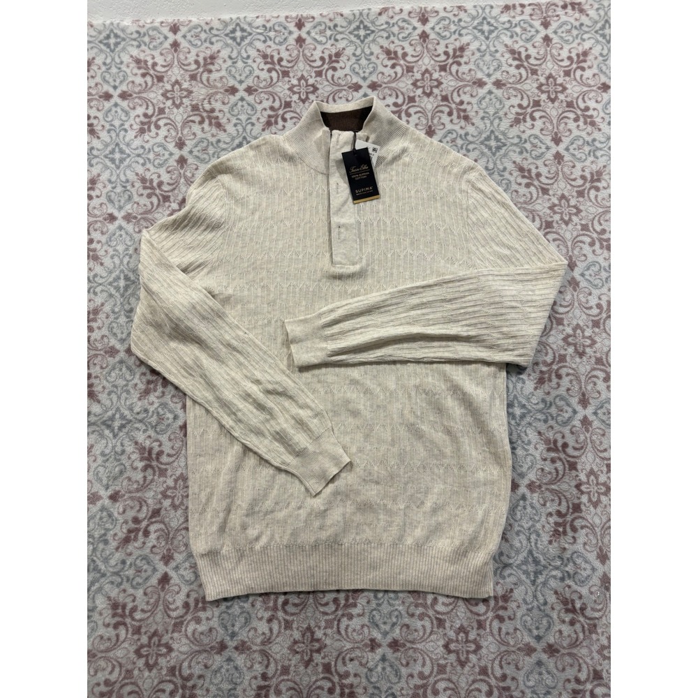 Tasso Elba Mens Supima Cotton Quarter Zip Sweater Oatmeal Cream Textured Medium